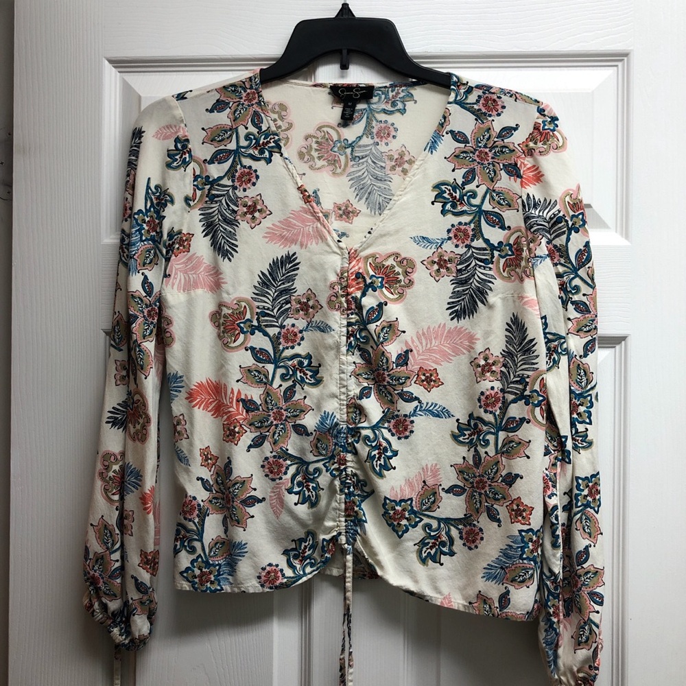 Jessica Simpson Medium Cream Floral Drawstring V-Neck Blouse